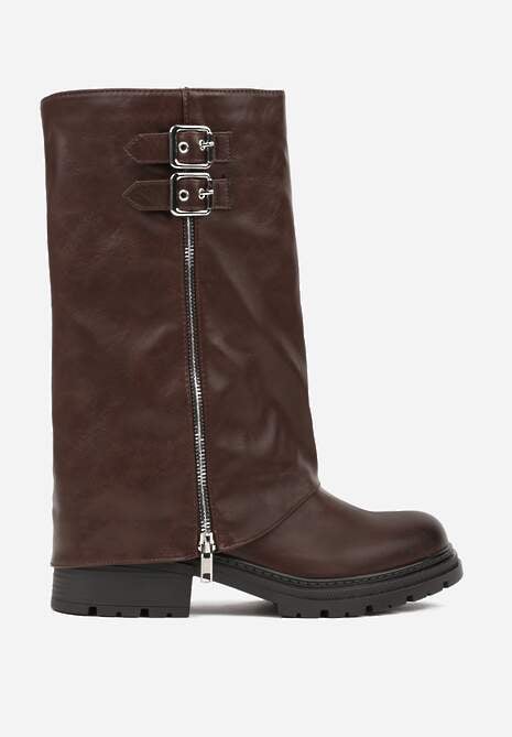 Brązowe Botki z Wywiniętą Cholewką Zdobioną Suwakiem i Sprzączkami Eevea