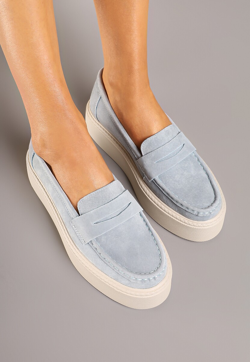 Jasnoniebieskie Mokasyny Skórzane na Platformie w Stylu Półbutów Sadawene