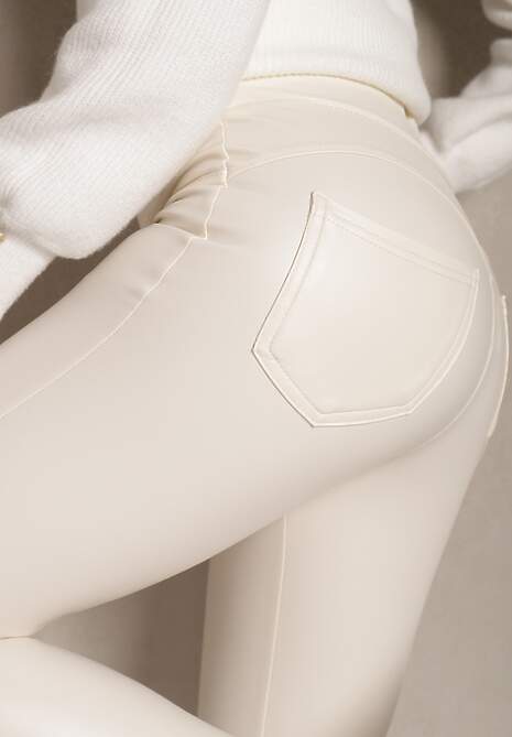 Białe Legginsy z Ekoskóry High Waist z Imitacjami Kieszeni Salabria