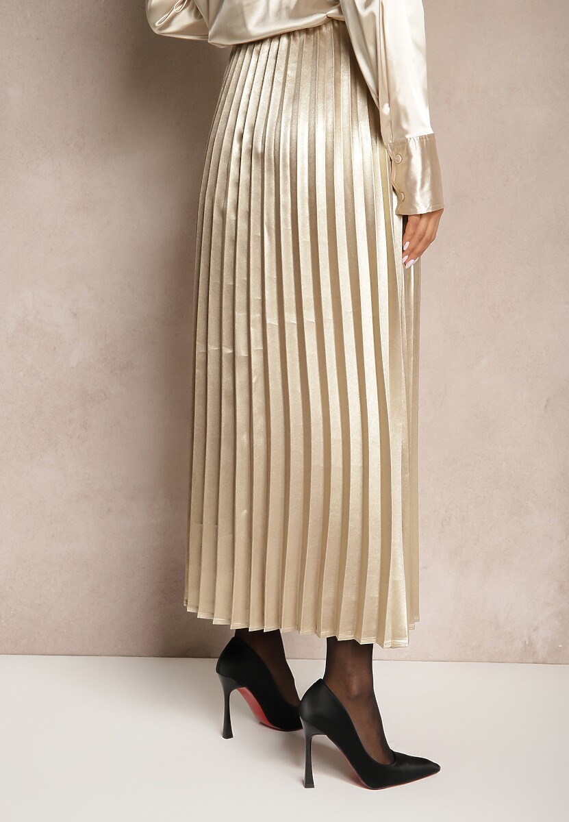 Beżowa Połyskująca Spódnica Plisowana Maxi Vilira