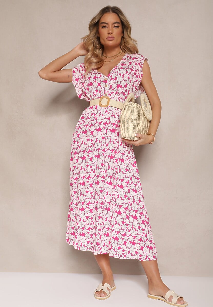 Fuksjowa Rozkloszowana Sukienka z Bawełny w Kwiatowy Wzór z Gumką w Talii Alaniria