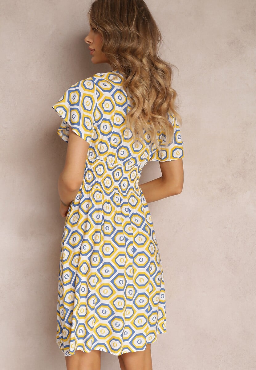 Żółta Kopertowa Sukienka Mini z Gumką w Talii z Wiskozy Samata