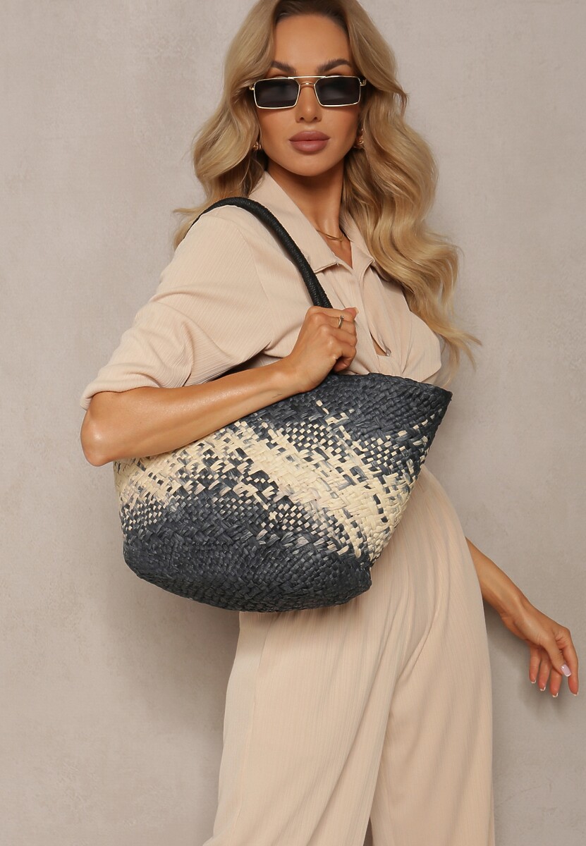 Beżowa Duża Torebka z Plecionki w Stylu Boho Zapinana na Zamek Błyskawiczny Noico