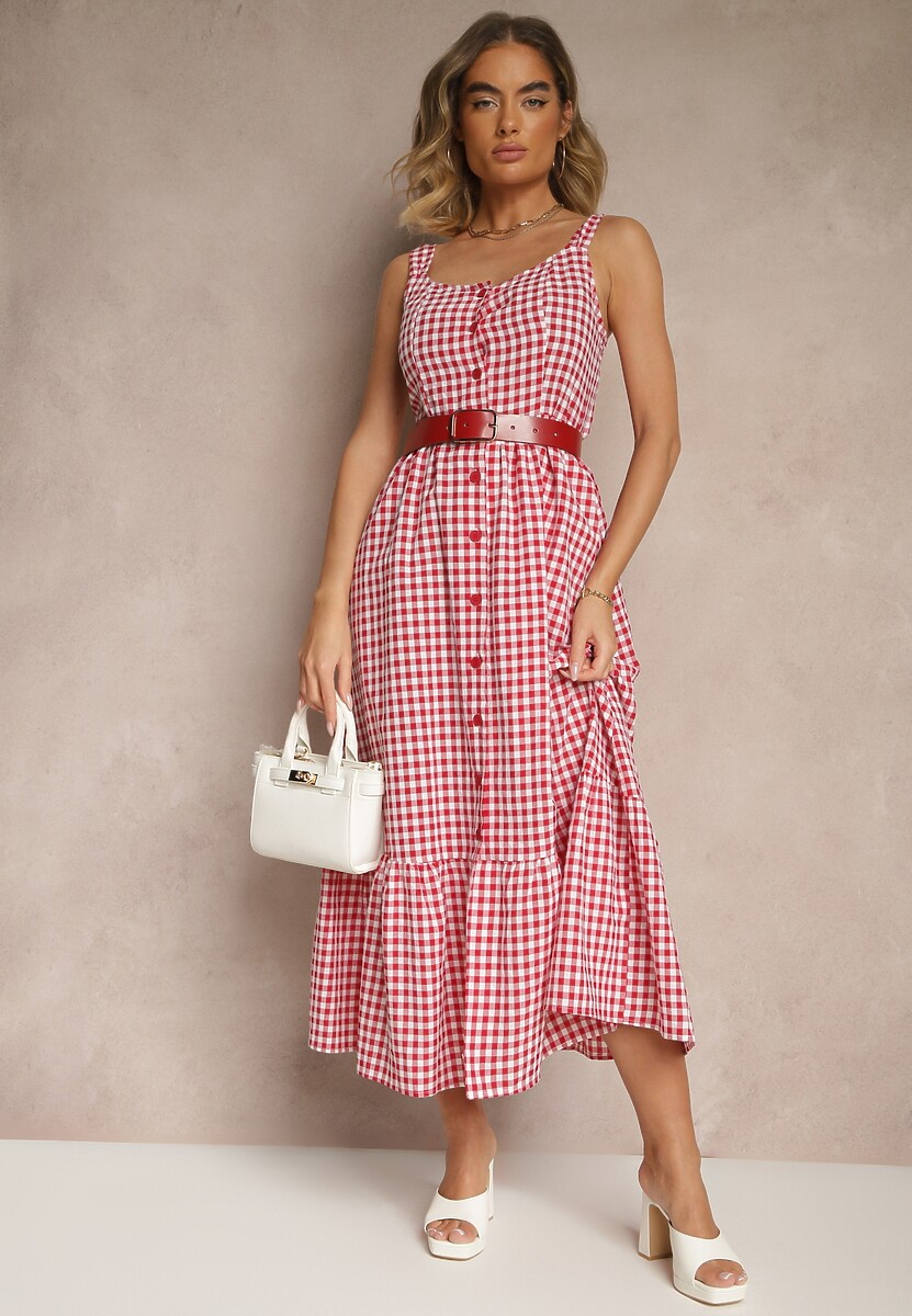 Czerwona Sukienka w Kratkę Vichy z Guziczkami Lenivelle