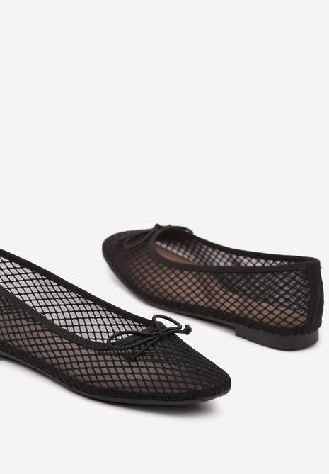 Czarne Balerinki Siateczkowe z Kwadratowym Noskiem i Kokardką Aferriana