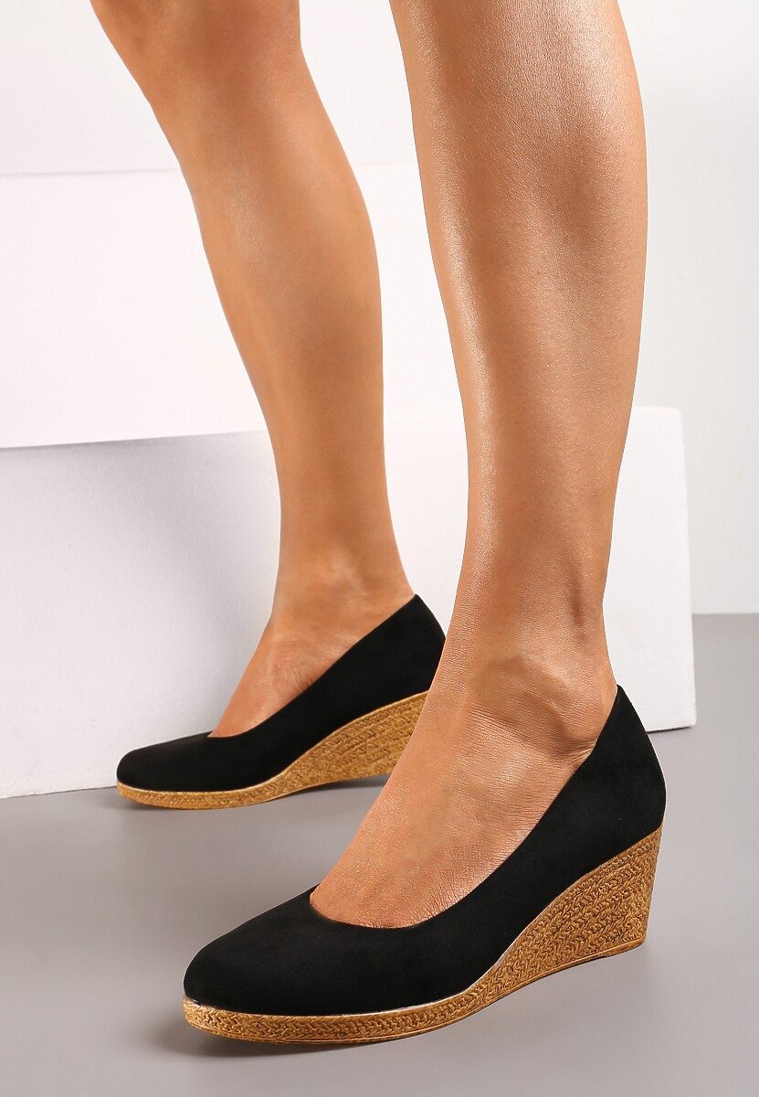 Czarne Czółenka Vices na Plecionym Koturnie ze Skórzaną Wkładką Ebersa