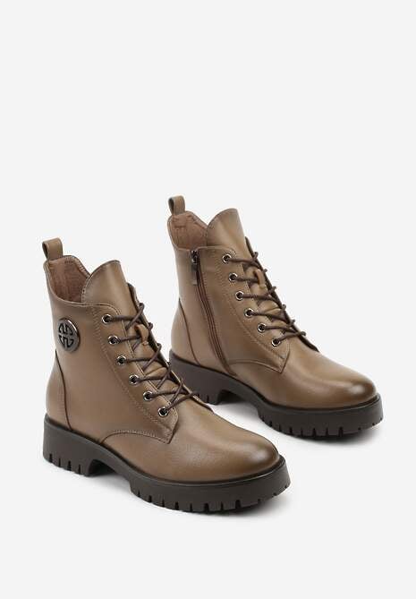 Ciemnobeżowe Botki Potocki Workery z Geometryczną Ozdobą Firiselle