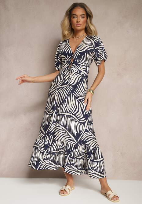 Niebieska Sukienka Wiskozowa o Rozkloszowanym Kroju w Liściasty Wzór Beledia