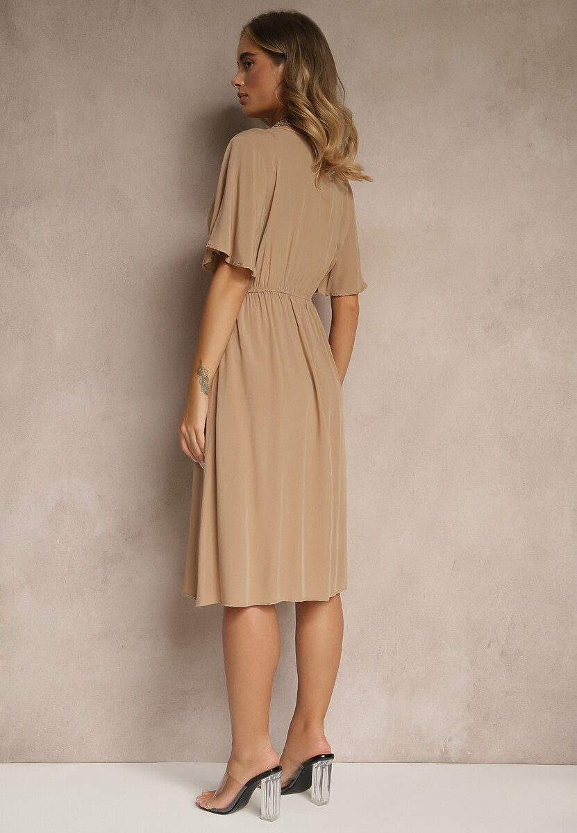 Ciemnobeżowa Rozkloszowana Sukienka z Bawełnianej Tkaniny Lirioneae