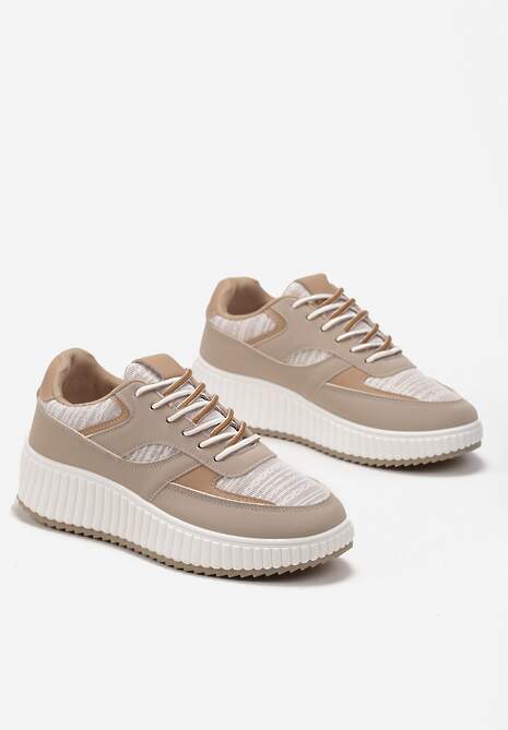 Ciemnobeżowe Sneakersy na Ozdobnej Grubej podeszwie z Brokatem Gelnia