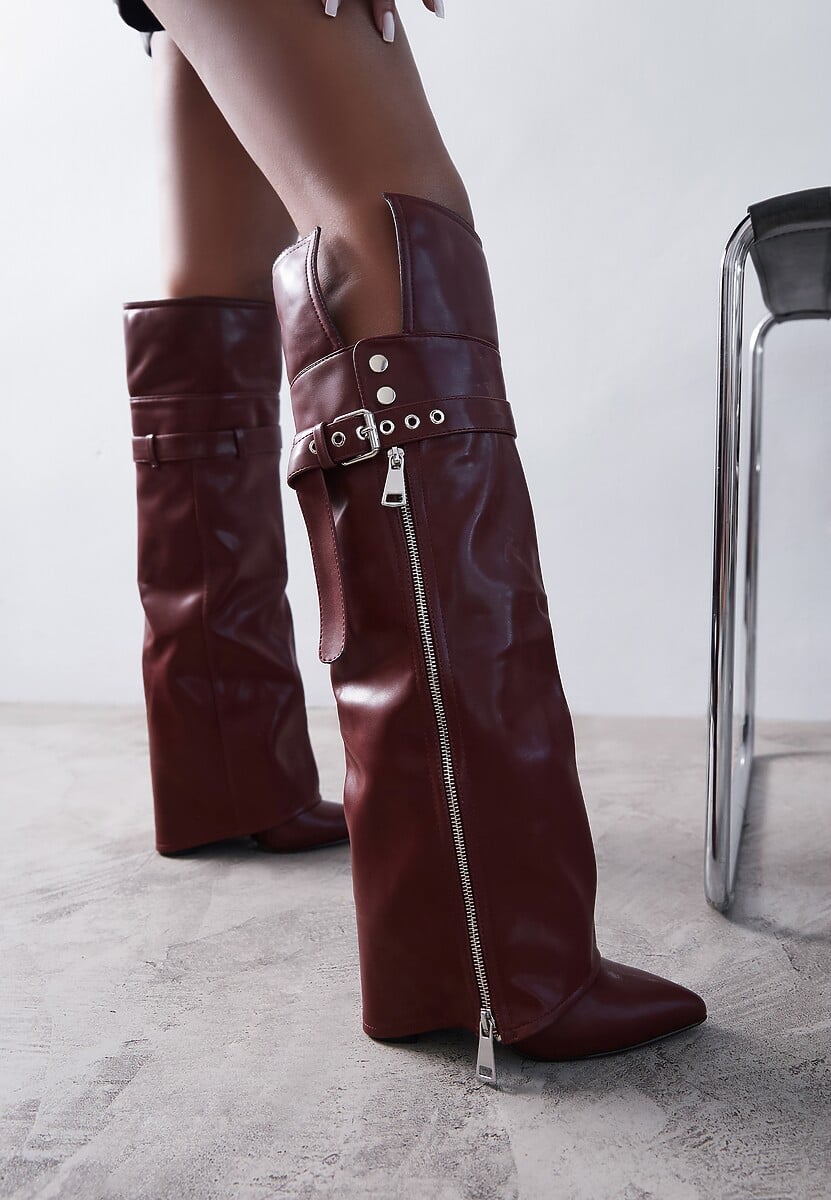 Bordowe Kozaki Kowbojki na Słupku Ozdobione Suwakiem Klamrą i Wywiniętą Cholewką Kelvila