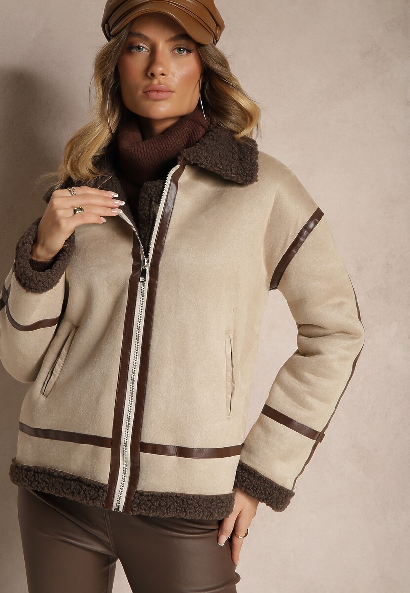 Czarna Kurtka z Ekozamszu o Prostym Kroju z Kołnierzykiem i Futerkiem Ninnova