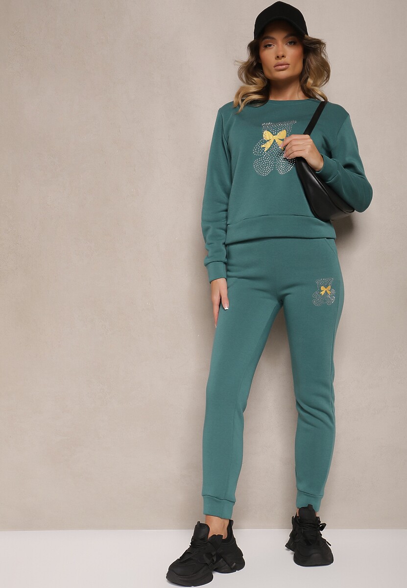 Zielony Ocieplany Komplet Dresowy z Bawełny Zdobiony Cyrkoniami Bluza i Spodnie z Gumką Nelionis