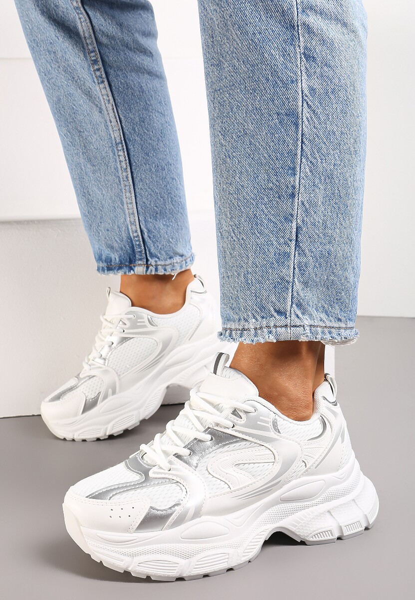 Biało-Srebrne Sneakersy na Masywnej Podeszwie z Siateczką Kubbia