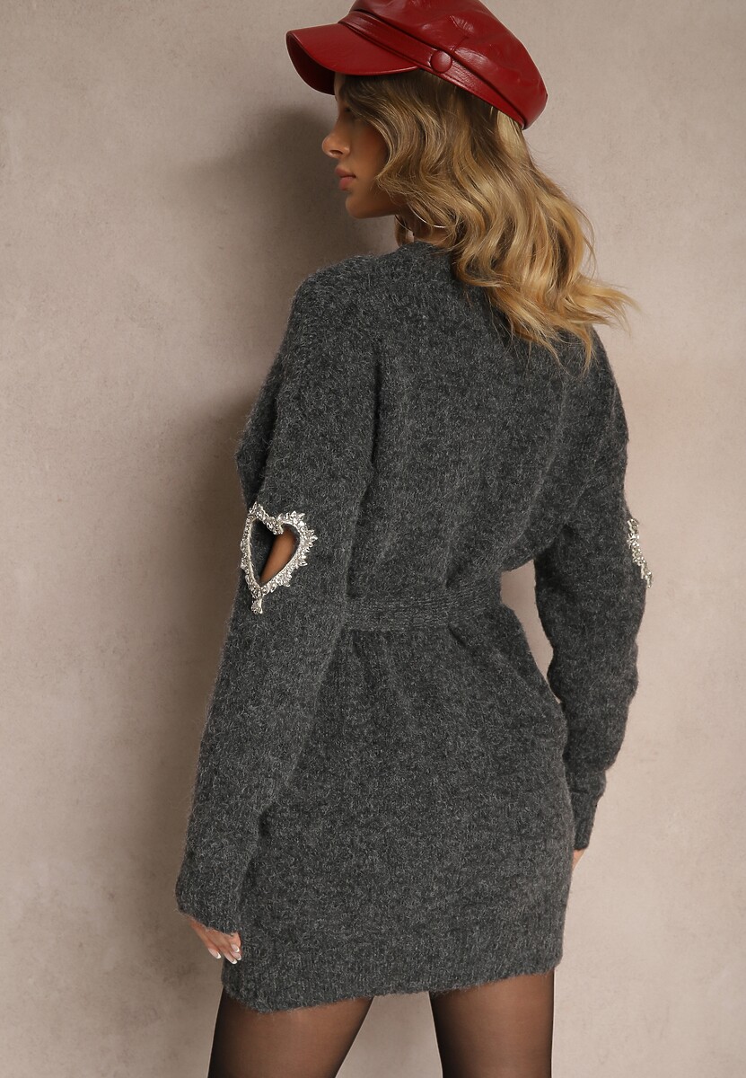 Ciemnoszara Sukienka Sweterkowa z Wełną Ozdobiona Cyrkoniami Paskiem i Wycięciami Zolida