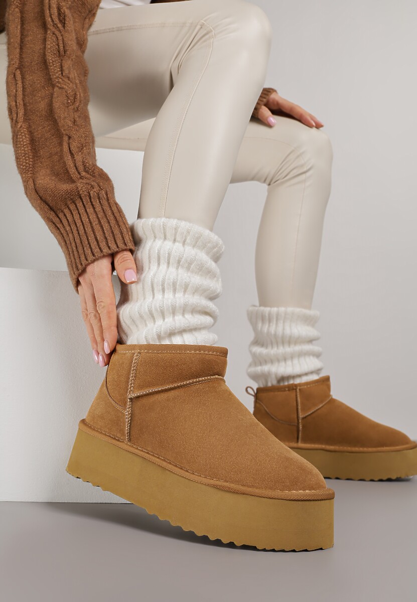 Jasnobrązowe Wsuwane Śniegowce z Zamszu Naturalnego na Grubej Podeszwie Mevilira