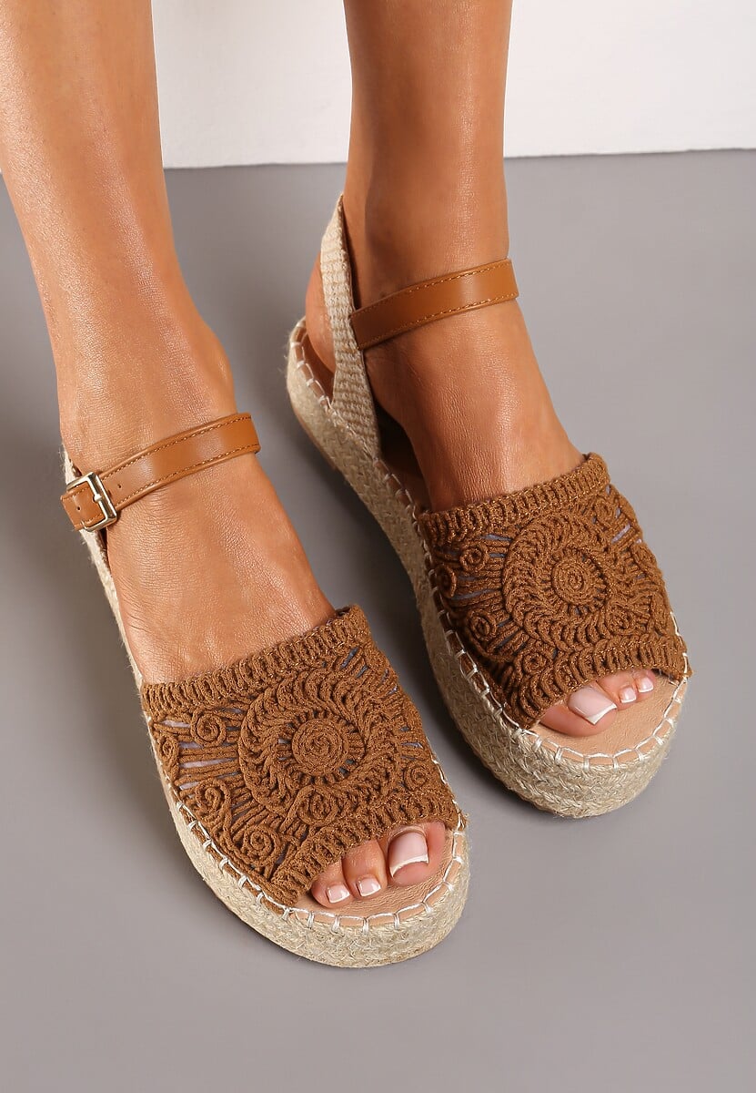 Brązowe Sandały Espadryle z Plecionym Noskiem Peep Toe i Jutową Platformą Drelpa