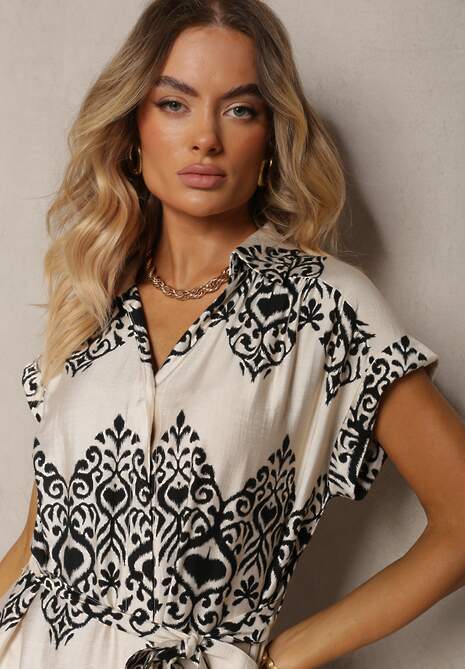 Beżowo-Czarna Sukienka Boho na Guziki z Wiskozą Ozdobiona Paskiem Mosofia