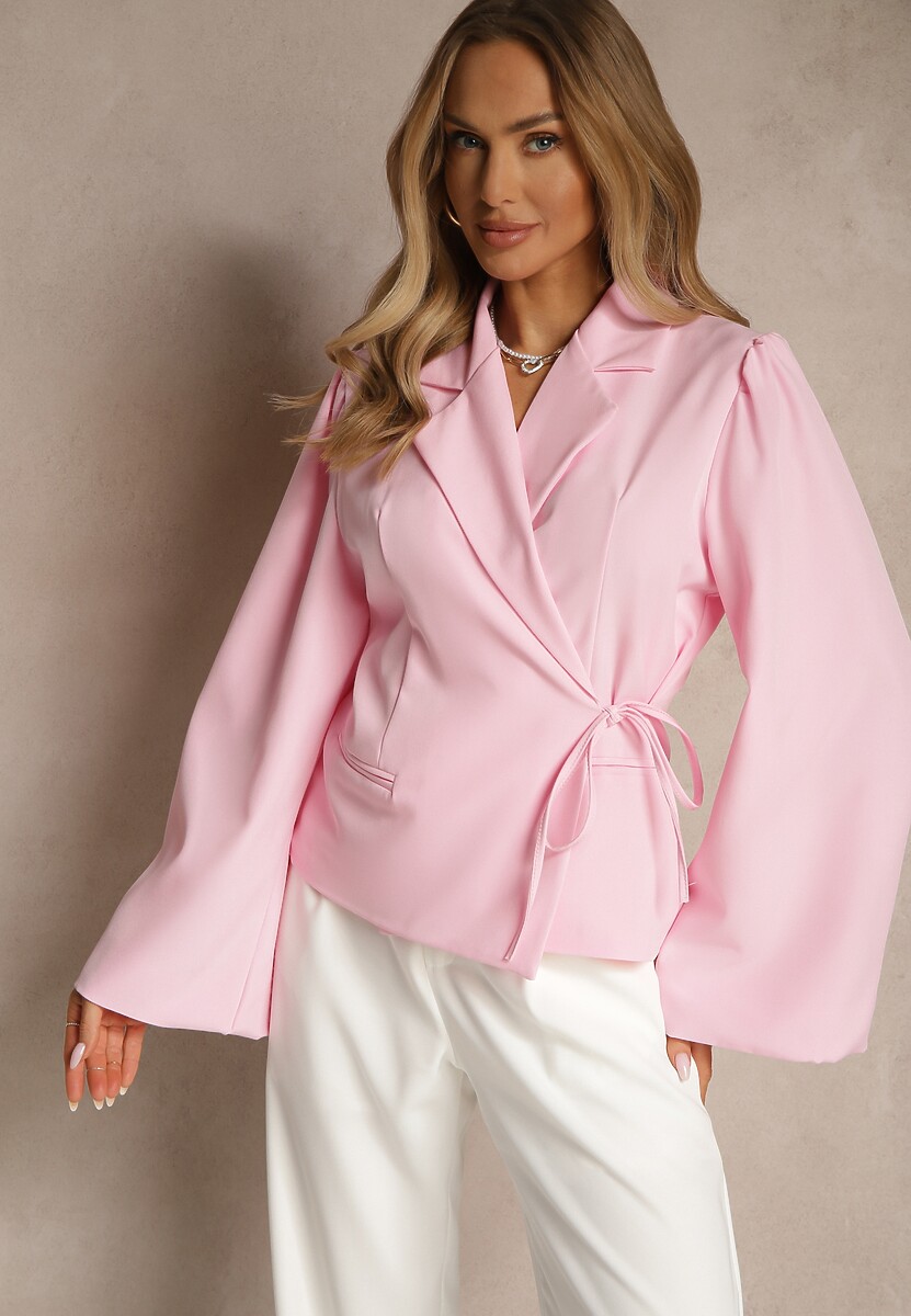 Różowa Marynarka z Rozszerzanymi Rękawami Zdobiona Wiązaniem z Boku Sanivera