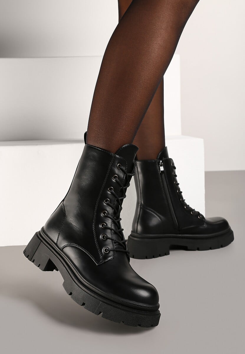 Czarne Casualowe Botki Workery na Płaskiej Podeszwie ze Sznurowaniem Emiti