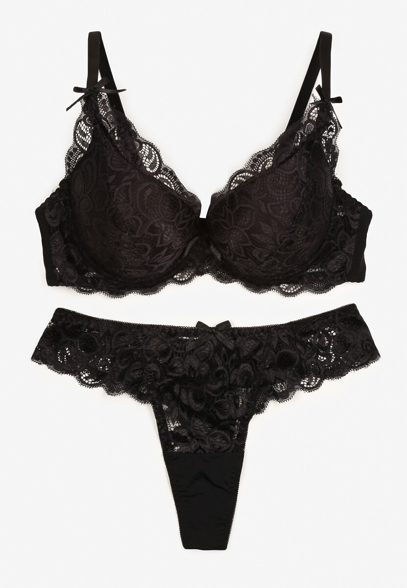 Czarny Komplet Bielizny z Koronką i Kokardkami Biustonosz i Stringi Nasorinne