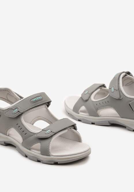 Szaro-Miętowe Sportowe Sandały na Płaskiej Podeszwie ze Skórzaną Wkładką Zapinane na Rzep Frailla