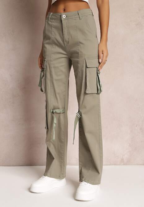 Ciemnozielone Jeansy Cargo z Kieszeniami i Taśmami Vinlis
