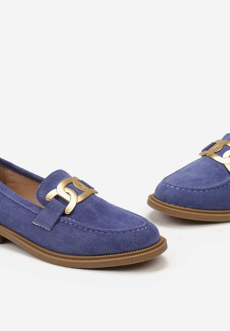 Niebieskie Mokasyny z Metalową Klamrą i Cholewką z Ekozamszu Vatile