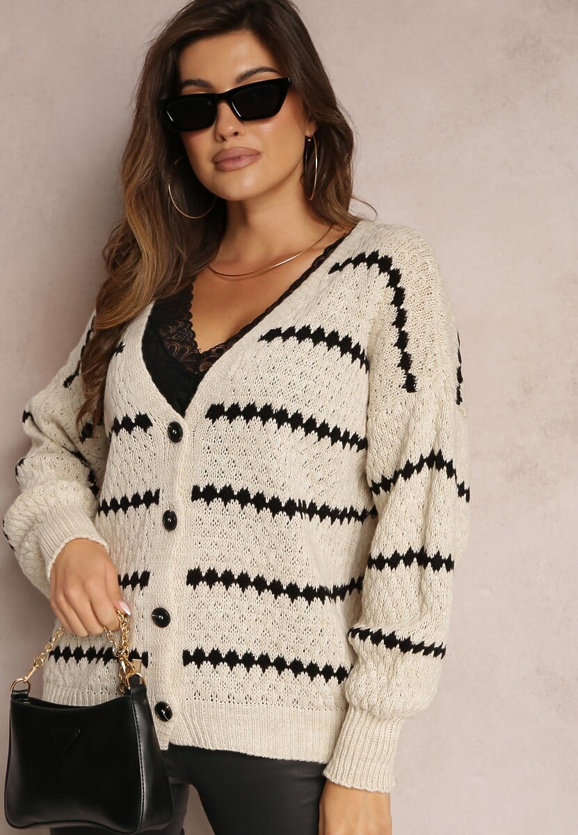 Jasnobeżowy Kardigan Zapinany w Paski Oullas