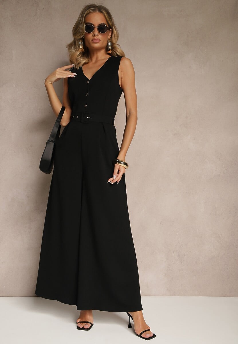 Czarny Kombinezon o Taliowanym Kroju z Wiskozą i Paskiem Raliorea