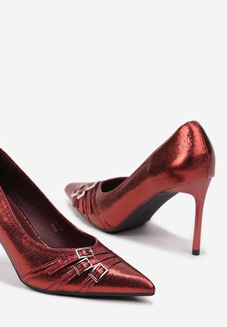 Bordowe Klasyczne Szpilki z Noskiem w Szpic Ozdobionym Klamerkami i Paseczkami Railanne