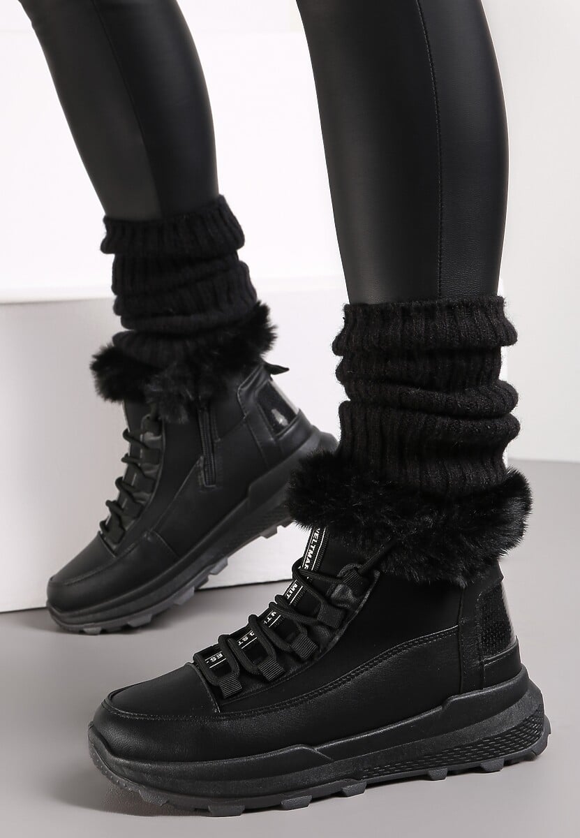 Czarne Traperki Sportowe z Futerkiem Sanevi