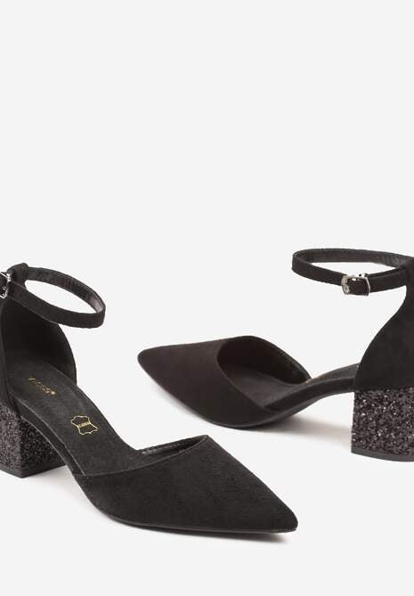 Czarne Czółenka Vices na Brokatowym Słupku z Wkładką ze Skóry Naturalnej Seathra