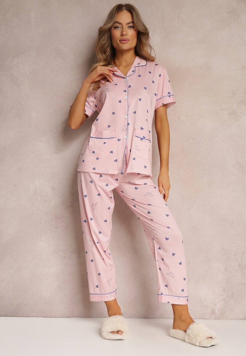 Różowy 2-częściowy Komplet Piżamowy z Koszulą na Guziki i Spodniami z Gumką w Talii Peneleta