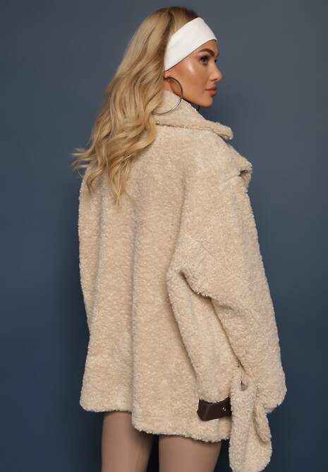 Jasnobeżowa Dwurzędowa Kurtka Futerkowy Płaszcz z Dodatkowymi Rękawiczkami Hetirra