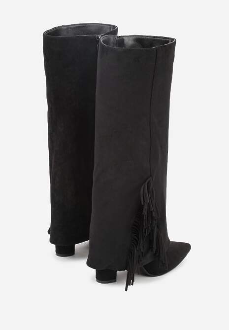 Czarne Kozaki na Słupkowym Obcasie z Cholewką Imitującą Nogawkę z Frędzlami Linafela