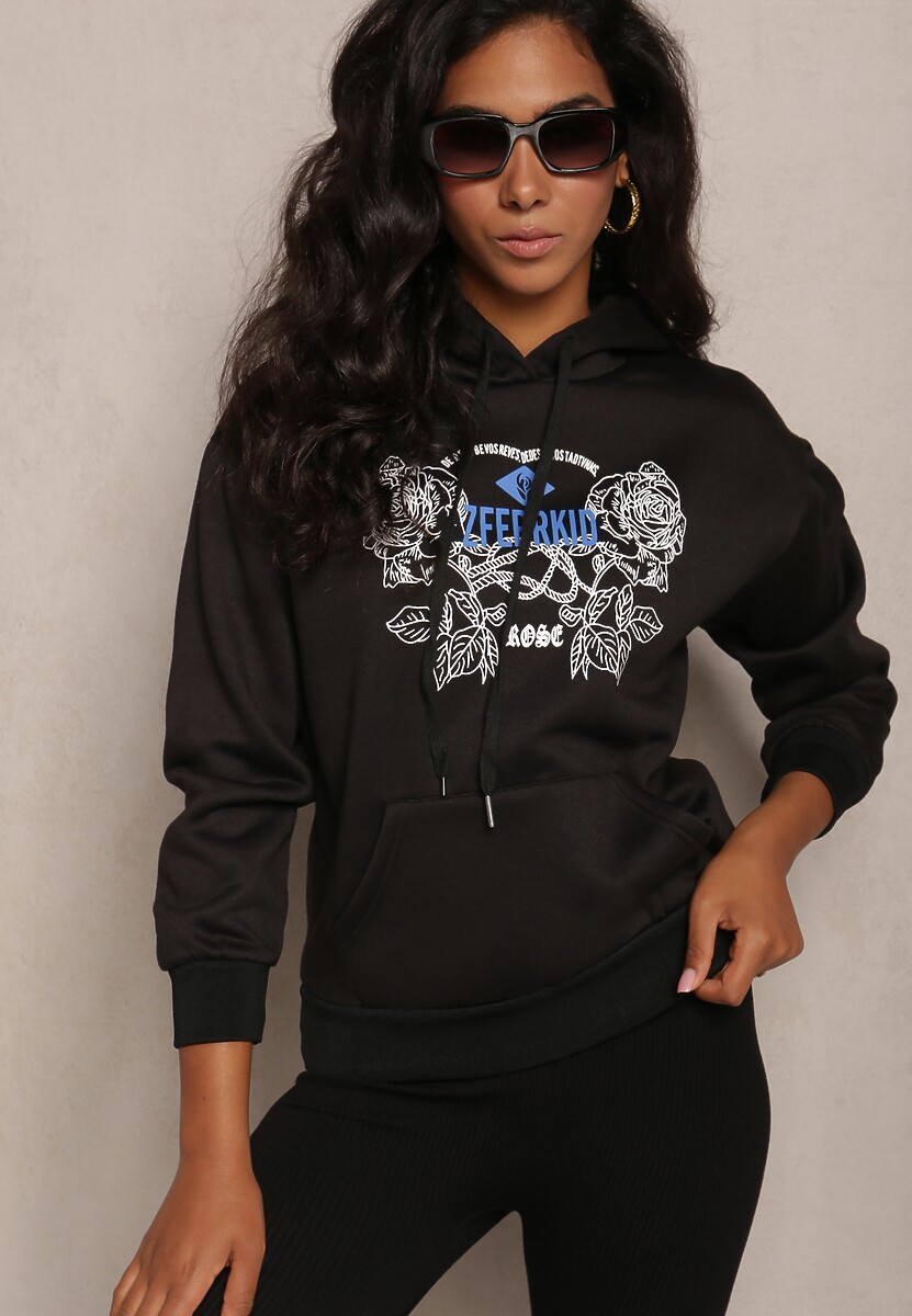 Czarna Modna Bluza z Nadrukiem i Kapturem Arinalu