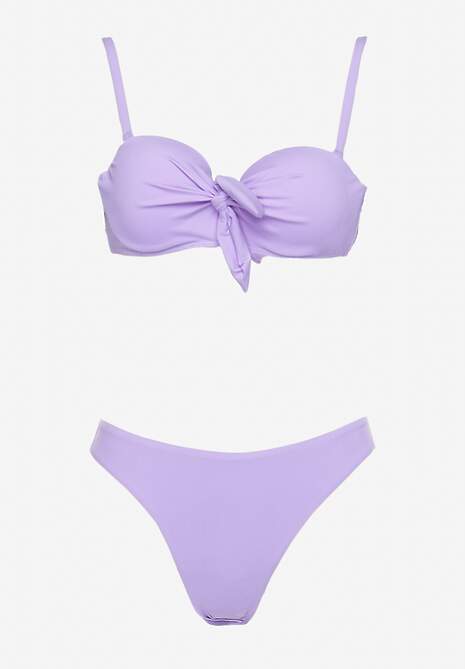 Fioletowe Bikini Majtki Figi i Usztywniany Biustonosz na Ramiączkach z Regulacją i Ozdobnym Wiązaniem Celiamarie