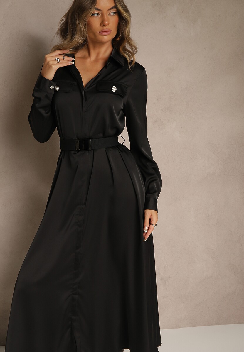 Bordowa Satynowa Sukienka w Stylu Szmizjerki z Imitacjami Kieszeni i Paskiem Vaminay