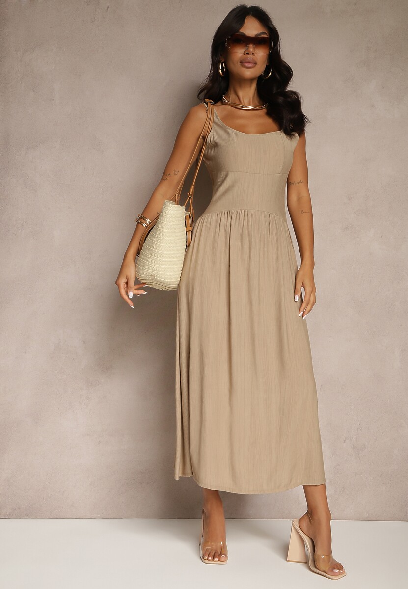 Ciemnobeżowa Rozkloszowana Sukienka z Wiskozy Milunisa