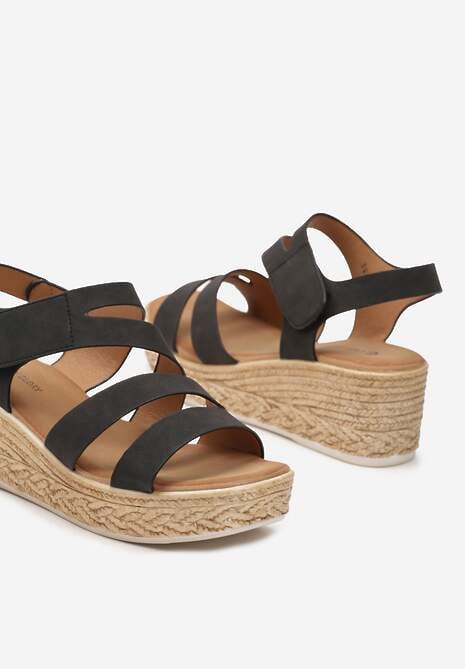 Czarne Sandały Zapinane na Rzepy na Koturnie i Platformie Moanele