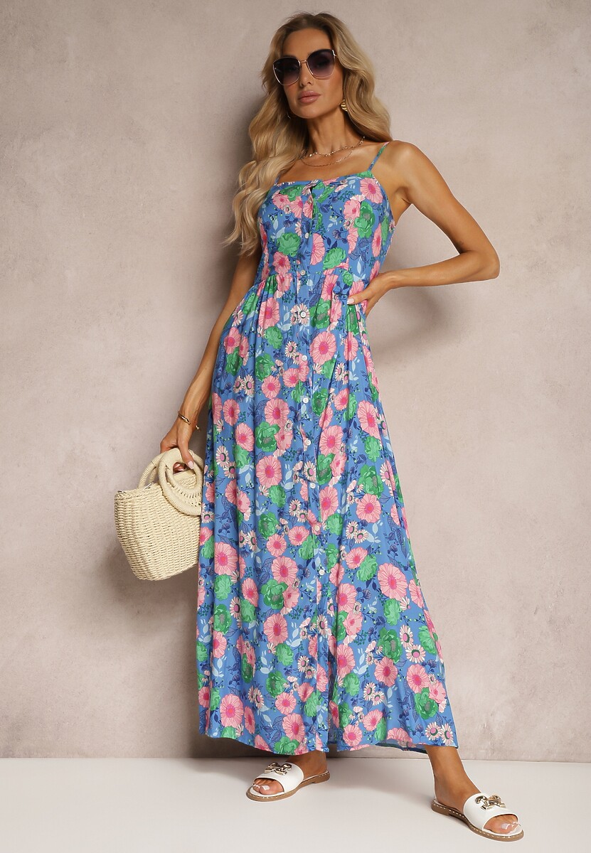 Granatowa Wiskozowa Sukienka w Kwiaty  z Gumką w Pasie i Regulowanymi Ramiączkami Ostialia