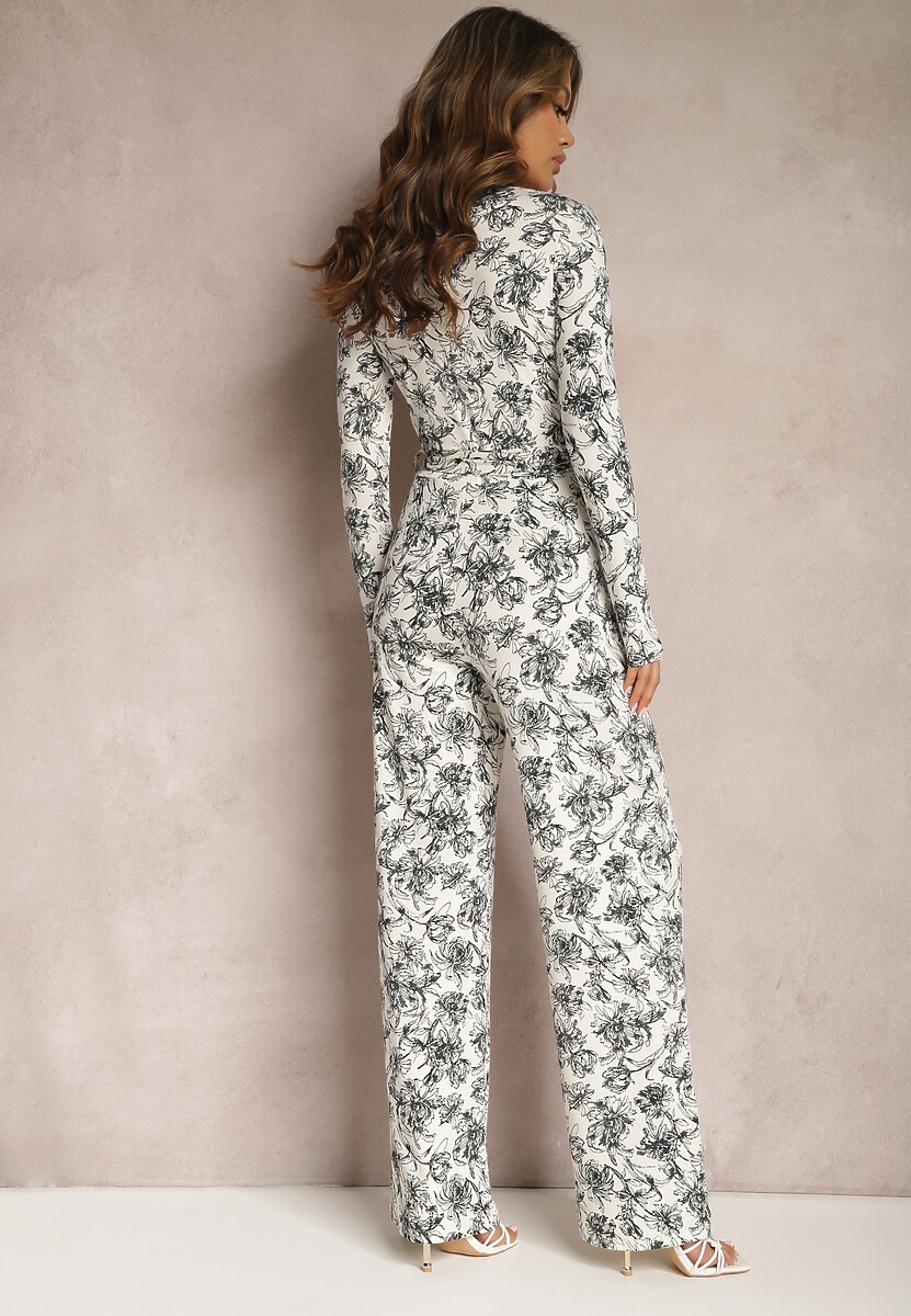 Biało-Czarny Długi Kombinezon z Kopertowym Dekoltem w Kwiatowy Wzór Erenna