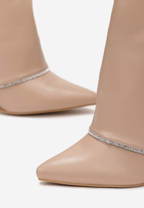 Beżowe Botki na Słupku z Wywiniętą Cholewką w Cyrkonie Vabane