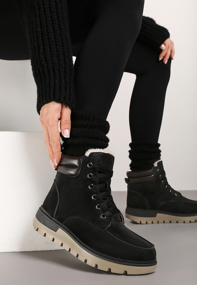 Czarne Sznurowane Botki Trapery z Mocnym Ociepleniem Kirssan