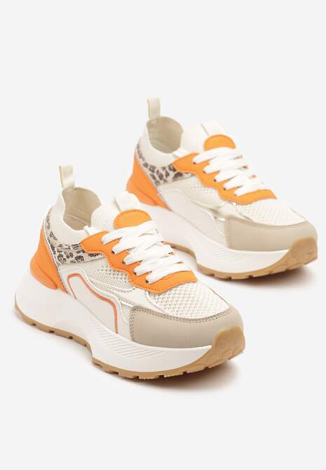 Beżowo-Pomarańczowe Sneakersy Streetwearowe na Piankowej Podeszwie Aillifia
