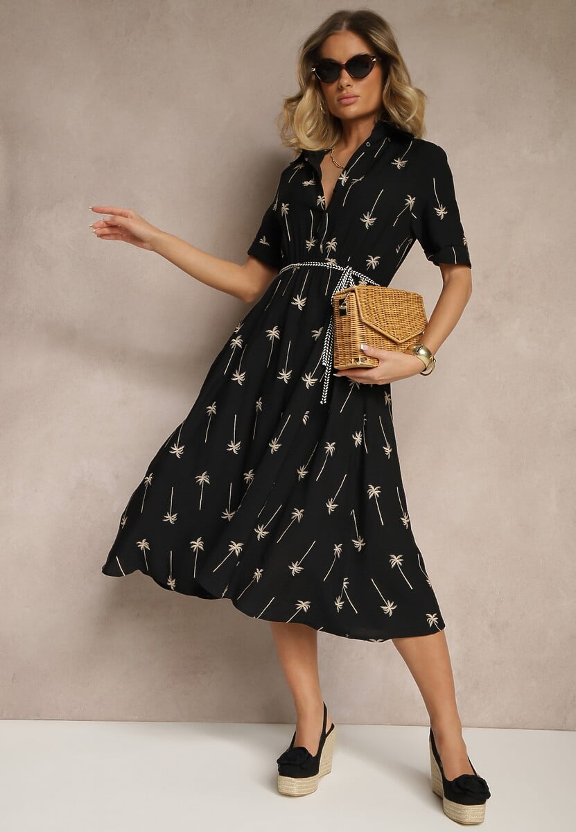 Czarna Koszulowa Sukienka z Wiskozy o Rozkloszowanym Kroju z Wiązaniem Liselithra