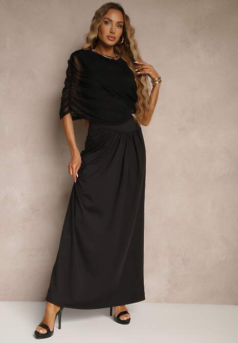 Czarna Marszczona Sukienka o Taliowanym Kroju z Dodatkową Narzutką z Siateczki Milarielis