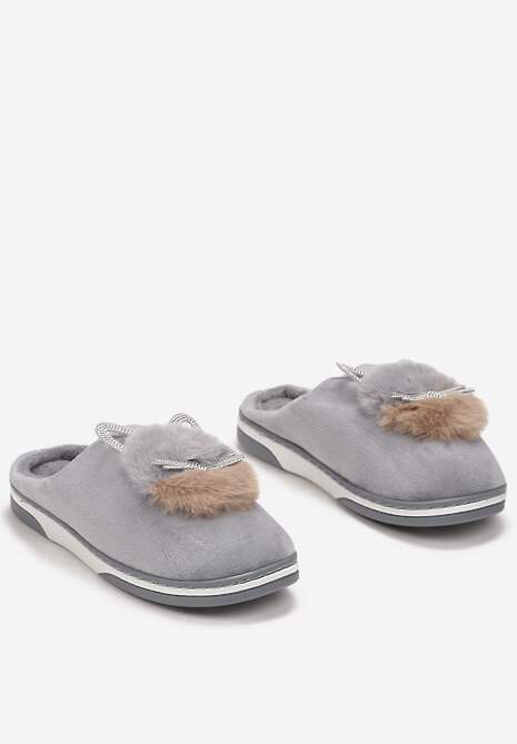 Szare Kapcie Futrzane z Kotkiem Leze