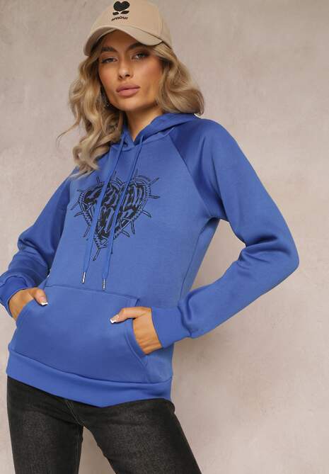 Granatowa Klasyczna Bluza z Nadrukiem na Przodzie i Kapturem Inalle